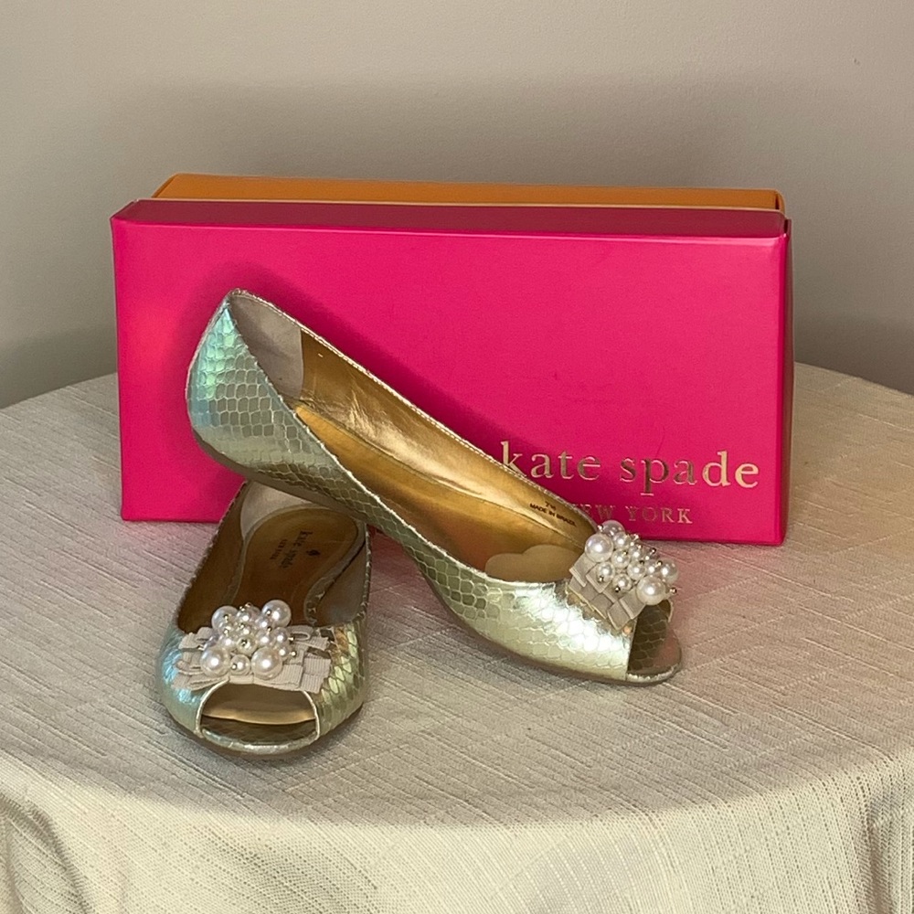 Kate Spade Ollie gold snake print shoe with pearls